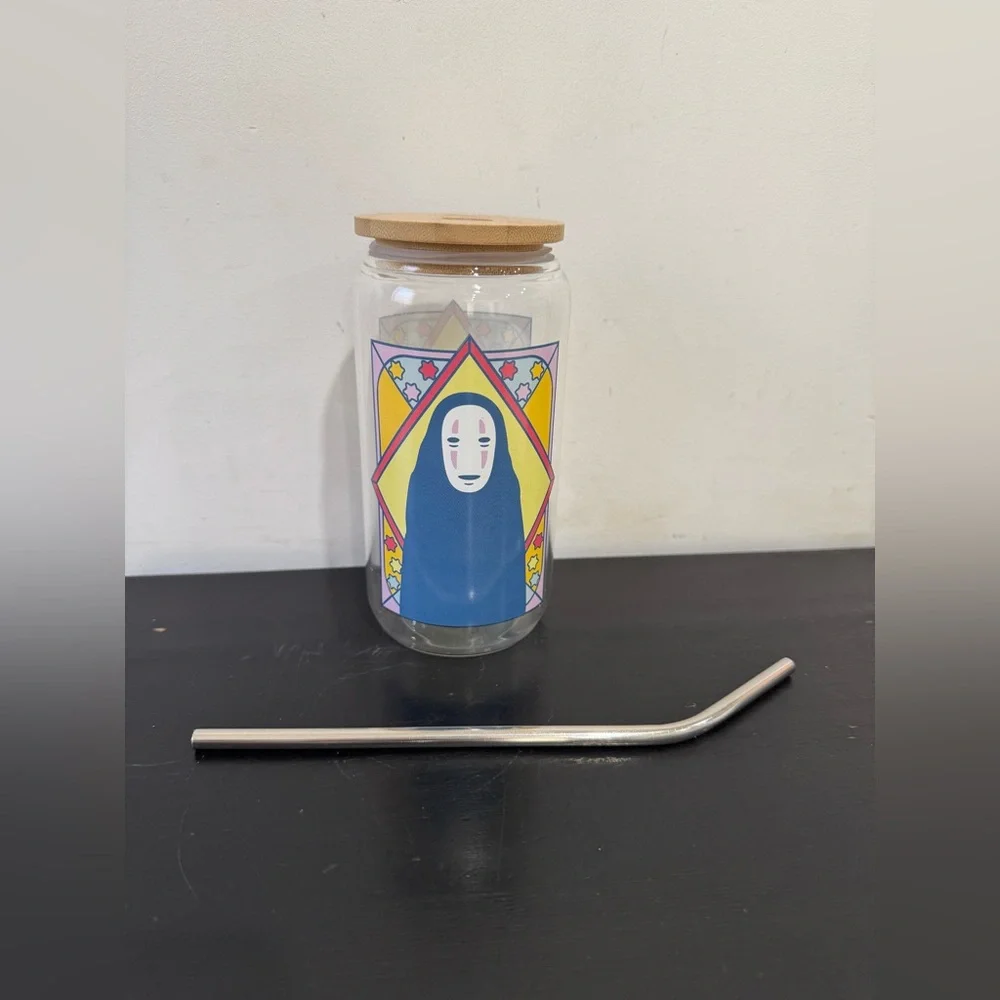 Studio Ghibli Spirited Away No Face Glass Portrait Glass Tumbler with Straw